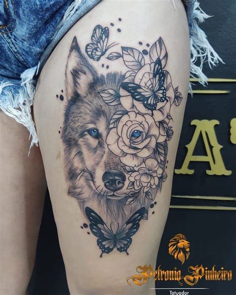 tatuagem feminina de lobo na coxa|Tatuagem na Coxa Feminina: +100 Ideias e Tendências